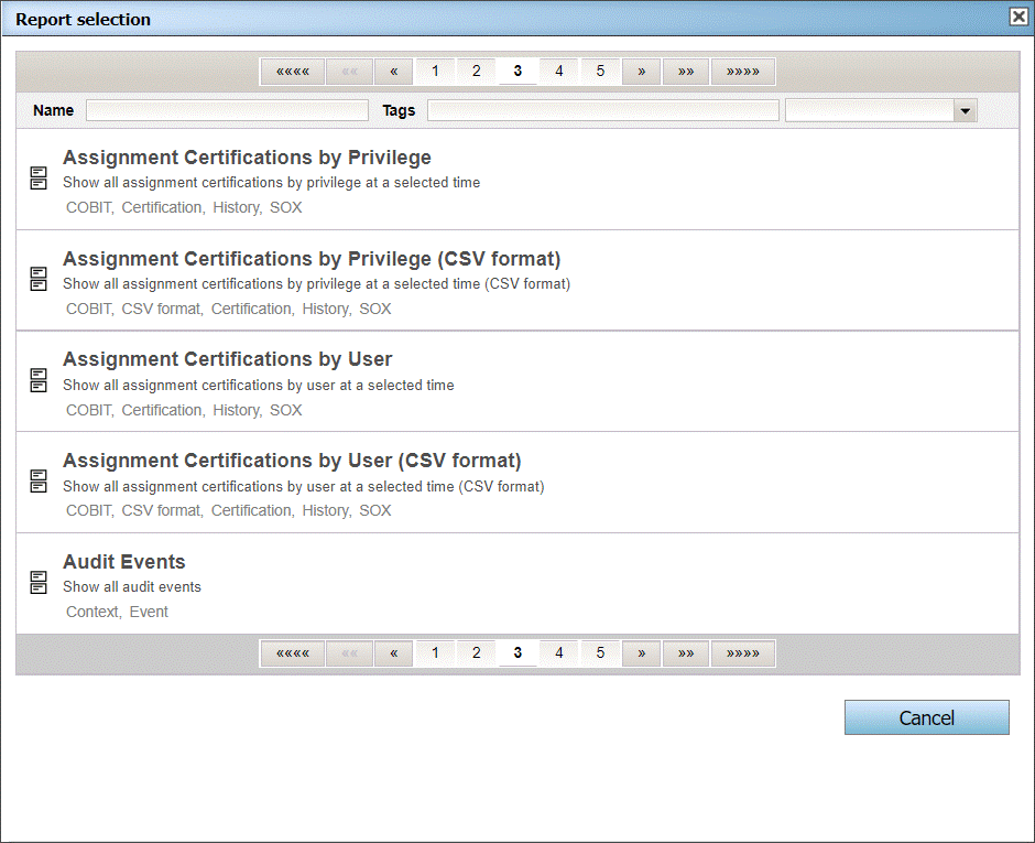Reports View - Report Selection Dialog