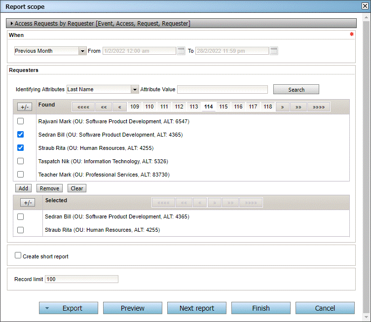 Reports View - Report Scope Definition Dialog
