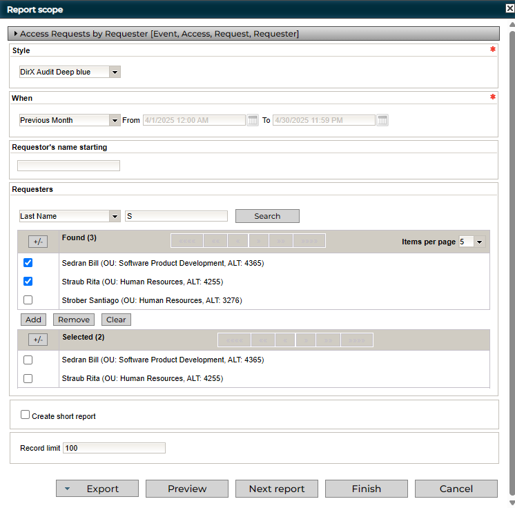 Reports View - Report Scope Definition Dialog