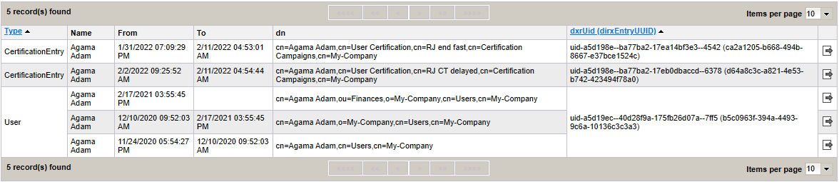 History View - Result Table