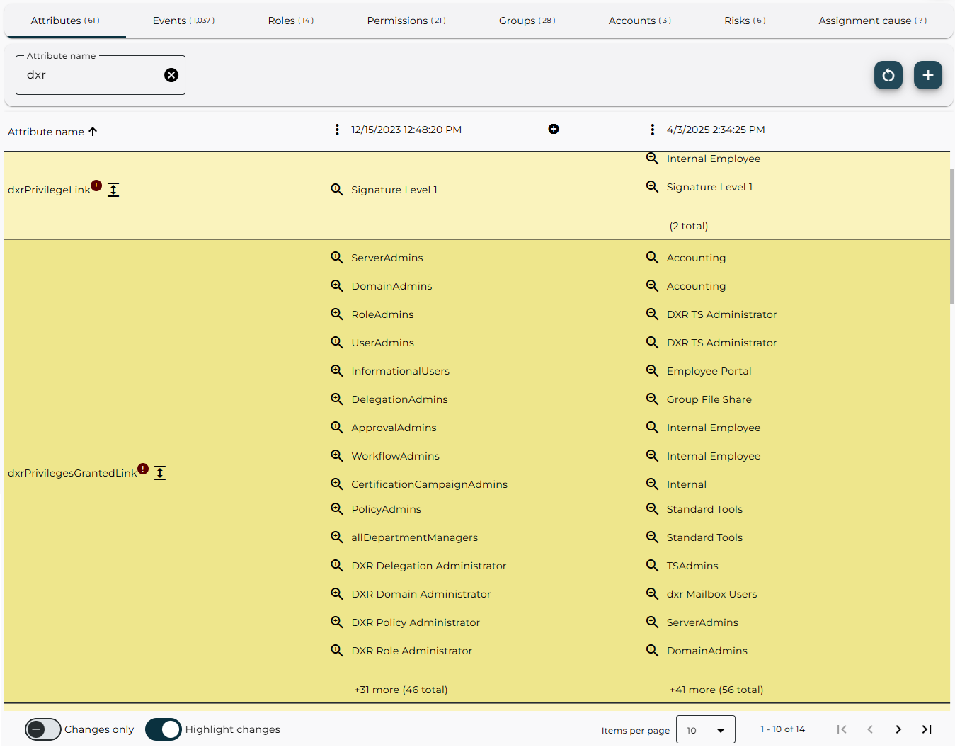 History – Attributes Tab with Multivalue Attributes