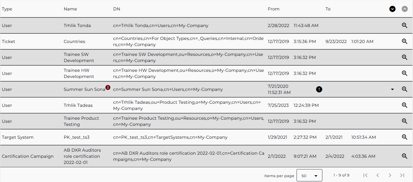 History – Search Result Table