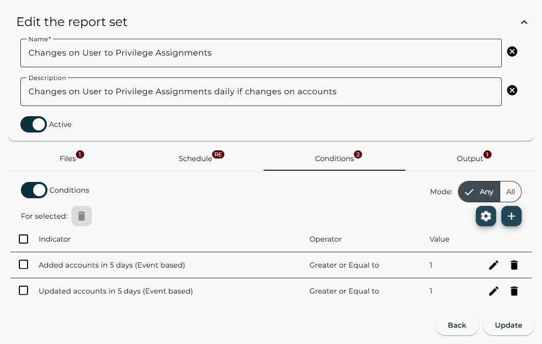 Reports – Edit the report set – Conditions