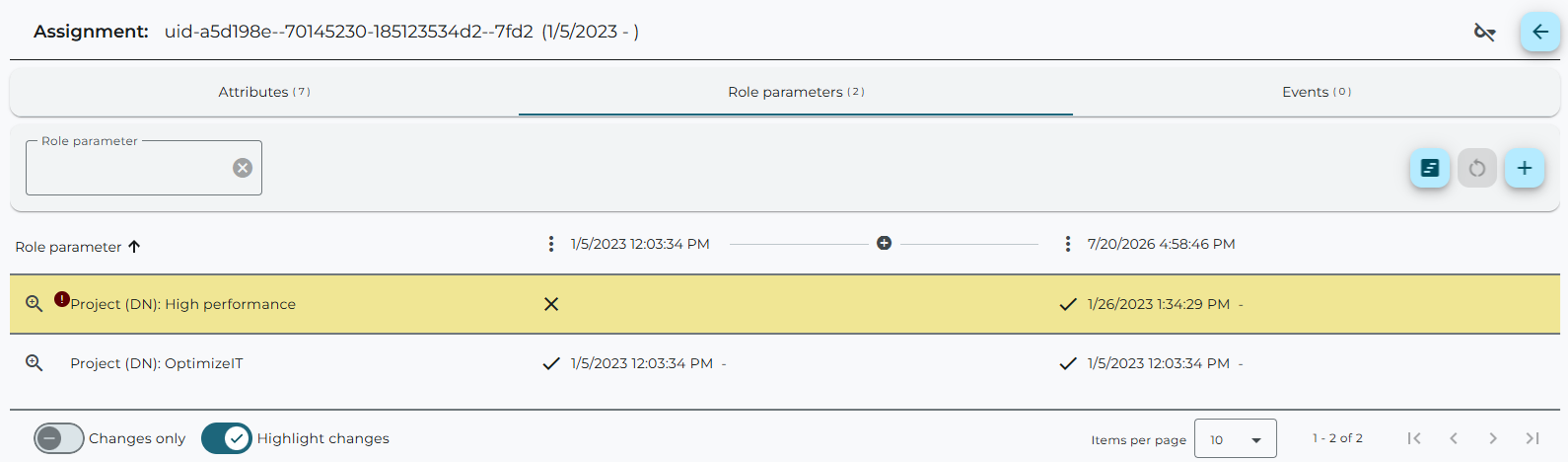 History – Role parameters for Assignment