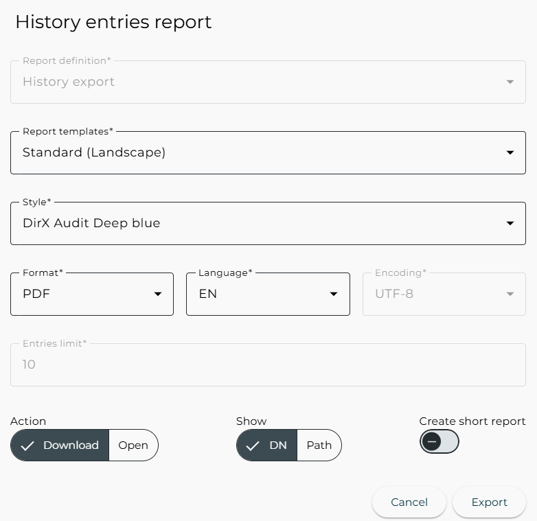 History – History entries report