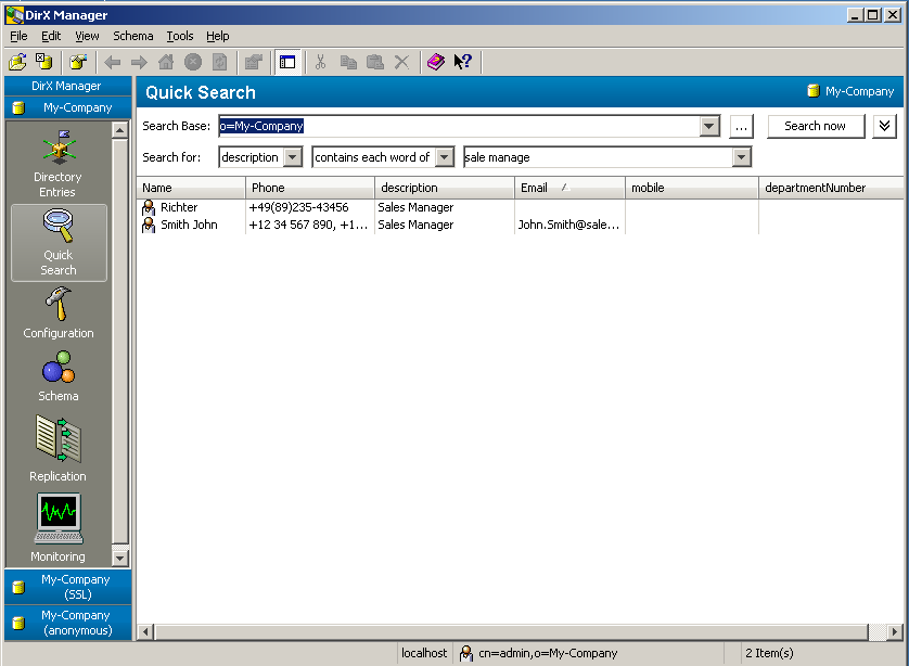 DirX Directory Manager Quick Search Results