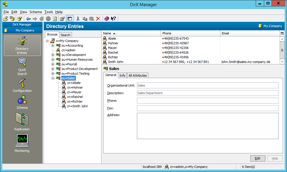 DirX Directory Manager Example Directory Browse