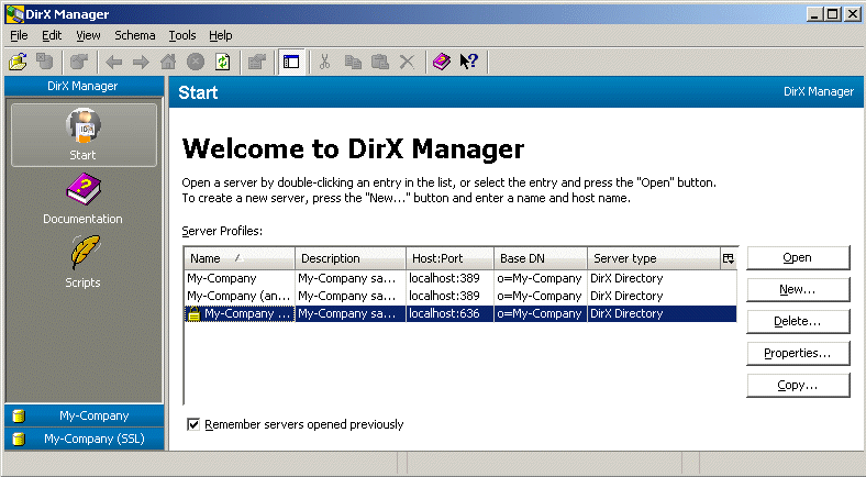 The DirX Manager Welcome view displays a list of server profiles