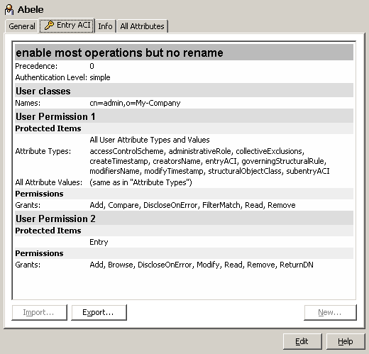 Abele’s entry ACI enables most operations but no rename. Press the Export button below the entry ACI values to export the entry ACI
