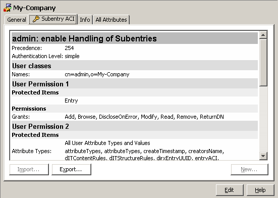 My-Company’s Subentry ACI tab with admin: enable Handling of Subentries. Press the Export button below the subentry ACI values to export the subentry ACI