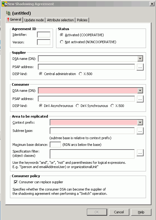 Specify the basic settings of a shadowing agreement. Press the OK button in the bottom line to save the values
