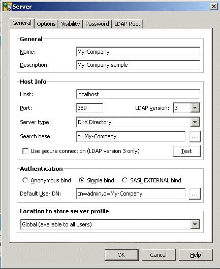 The server dialog box contains the tabs General