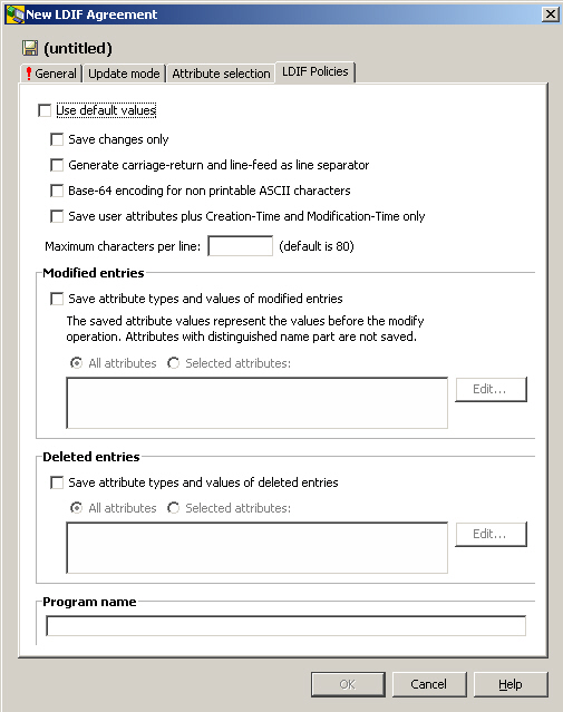 Specify additional settings of an LDIF agreement. Check the Use default values check-box to use default values or specify your own settings according the rules described below. Press the OK button in the bottom line to save the values