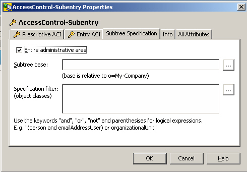 Check the Entire administrative area check-box or specify the Subtree base. You can specify a specification filter with object classes and the keywords and