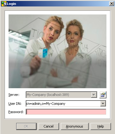 The Login Dialog Box displays the name of the server you selected in the Welcome view. Specify your User DN and your Password and press the OK-button. Press the Cancel-button to cancel the login or the Anonymous-button to perform an anonymous bind. Press the Help-button to display help information.