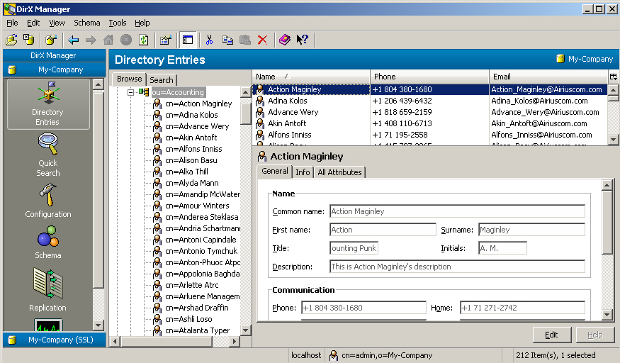 In the view group of the My-Company server on the left side of the main window the view Directory Entries is selected. On the right side of the view group the Directory Entries view is displayed. In the Browse tab the organizational unit Accounting is selected. The common names of the users below Accounting are displayed. Alternatively you can select the Search Tab and search for a specific user. On the right side of the Browse Tab a list of users with their Name
