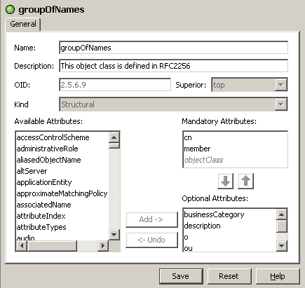 Displays the properties of the object class grougOfNames. The values are as follows: Name groupOfNames