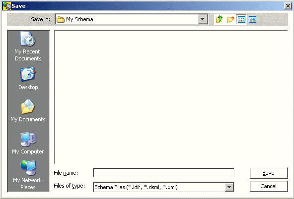 Opens the file explorer. Browse to the file location. Enter the filename. Press the Save button to export the schema or the Cancel button to cancel the opreration.