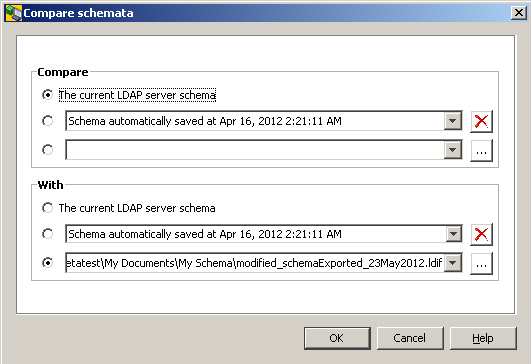 Displays input options for comparing two schematas. There is a Compare and a With section. The options in both sections are the same. Check one of the three radio buttons: the current LDAP server schema