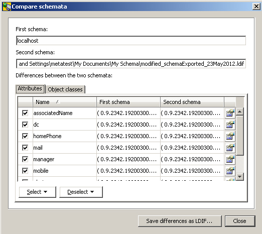 Displays result of the compare schema operation. At the top there are the fields First schema