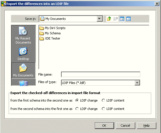 Opens the Export the differences into an LDIF file dialog box. There is a browser to browse to the file location and fields to specify the file name and the file type. The file type is LDIF Files (++*++.ldif). Below the browser there is the Export the checked-off differences in import file format section. You can check one of the following options: from the first schema into the second one as LDIF change or LDIF content file