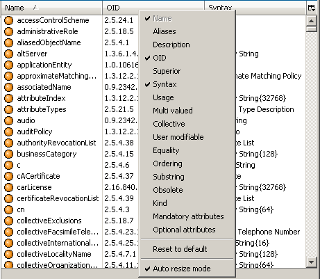 Displays the attribute types (attributes) or the object classes in tabular format. Here the attribute names with their OID and syntax are displayed. The list starts with the attribute accessControlScheme. There is a scroll bar on the right side of the list to scroll up and down. The context-sensitive menu is displayed. The displayed values Name