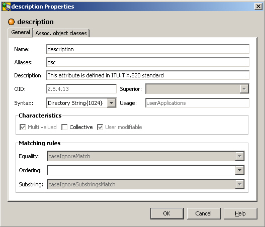 Displays the properties of the attribute description. There are the tabs General and Associated object classes. Here the General tab is displayed. The values are as follows: Name description