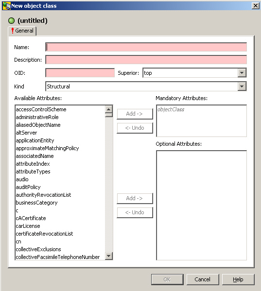 Provides the General tab. The initial exclamation mark of the tab title General indicates that this tab contains mandatory fields. Mandatory fields are Name