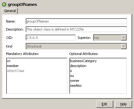 Displays the properties of the object class grougOfNames. The values are as follows: Name groupOfNames