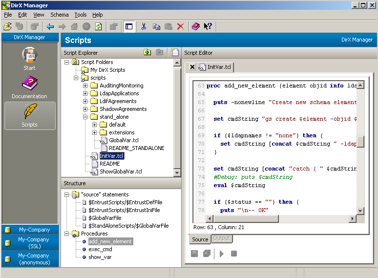 Displays the DirX Manager Main Window. The Scripts View is selected and displayed in the Views bar. On the left side of the Views bar there is a Script Explorer displaying the Scripts Folders tree. The script InitVar.tcl is selected in the tree. Below the Script Explorer the Structure Pane is displayed. Here it displays "source" statements and Procedures. The procedure add++_++new++_++element is selected. On the right side of the the Script Editor displays the procedure add++_++new++_++element of the script InitVar.tcl.