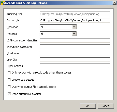 Displays fields and check boxes for specifying the optionions for decoding DirX audit log files. The fields are: Audit log file