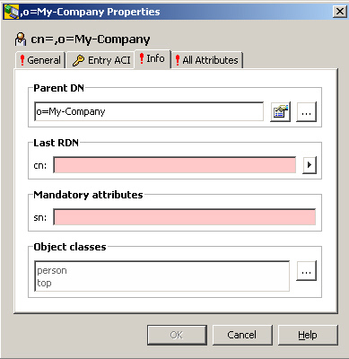 The Info Tab of the new entry displays the fields Parent DN o=My-Company