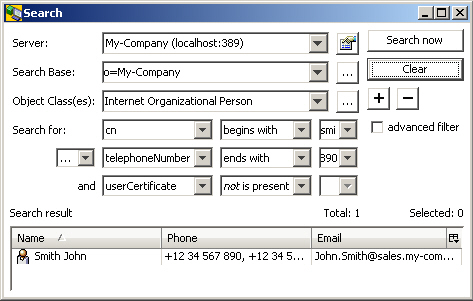 Displays on the top of the window the search pane with fields for specifying the Server