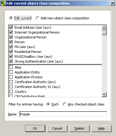 In the first line the Edit current and Add new object class composition check boxes are displayed. The Edit current check-box is checked. Below these check-boxes a list of object classes is displayed in alphabetical order. Each line starts with a check-box. First all checked object classes are displayed followed by the un-checked classes. Use the scroll bar on the right side of the list to scroll up and down. Check or un-check the object classes as needed. Below the list of object classes the Filter for entries having Each or Any checked object class check-boxes are displayed. The Each check-box is checked. Below these check-boxes the field Name is provided for specifying the name of the object class. Here the name People is displayed. In the bottom line of the dialog box the buttons OK