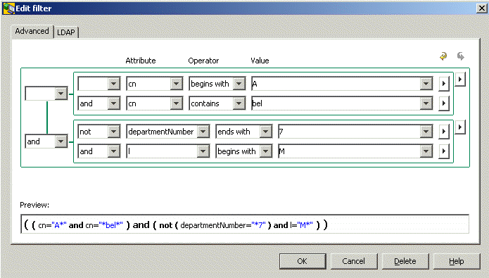 The Advanced Tab of the Edit filter dialog box provides fields for attribute value assertions with fields for Attribute (for example cn)
