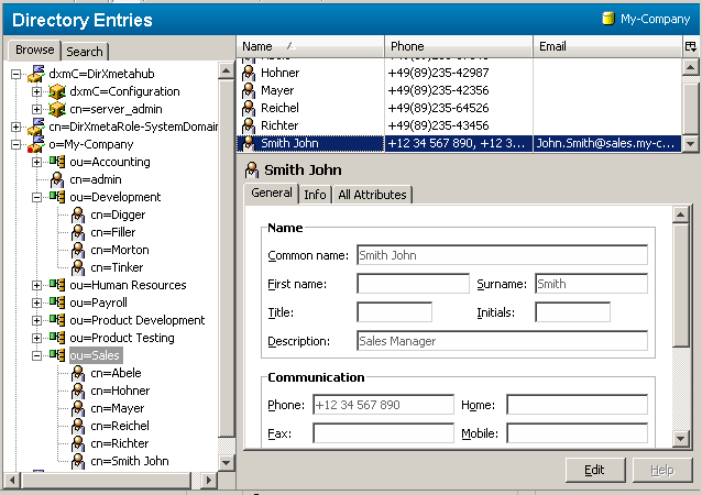 The View Area consists of a title and several panes. Here the title displays on the left side Directory Entries and My-Company on the right side. On the left side of the view area there is a combined tree (browse) and search pane. The tree pane is selected. Here you can browse through the tree. There is a scroll bar on the right side of the tree pane to scroll up and down