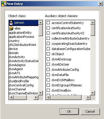 Displays the list of Object classes and Auxiliary object classes in alphabetical order. Both lists provides scroll bars on the right side to scroll up and down