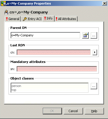 The Info Tab of the new entry displays the fields Parent DN o=My-Company