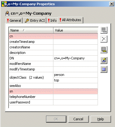 The All Attributes Tab of the Properties dialog box displays the attributes and teir values in tabular format. The objectClass attribute values person and top are already specified in a previous step. You must specify at least the mandatory attributes cn and sn. Optional attributes are description