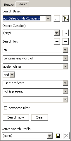 Displays Browse and Search Tab. The Search Tab is selected and the search pane is displayed. The search base ou=Sales