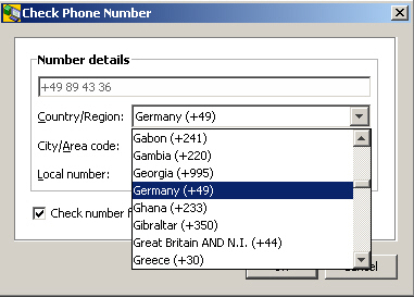 Opens Number details displaying the number; the fields Country/Region