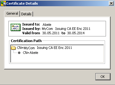 Displays the Tabs General and Details. Here the General Tab is selected. At the top of the tab an icon followed by the Issued to