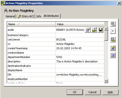 The All Attributes Tab of the Properties dialog box displays the attributes and teir values in tabular format. Here the attributes of Action Maginley are displayed. There is a scroll bar on the right side of the table. In the right upper corner there are buttons for adding a new value