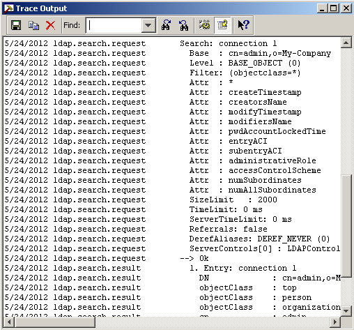 Displays under the title Trace Output the toolbar with buttons for the following tools: save as