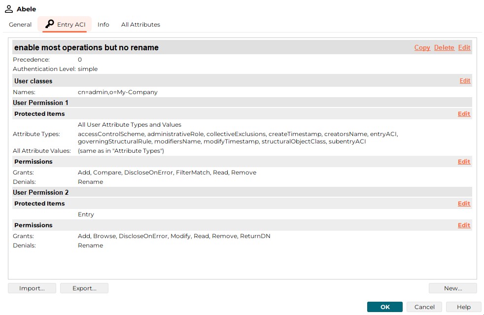 Abele’s entry ACI enables most operations but no rename. Press the Import button below the entry ACI values to import enty ACI values
