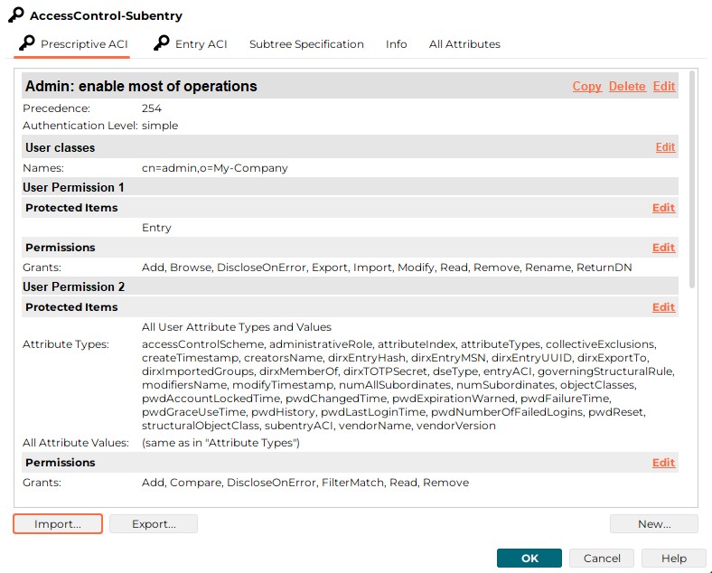 Prescriptive ACI tab with Admin: enable most of operations. Press the Import button below the prescriptive ACI values to import prescriptive ACI values
