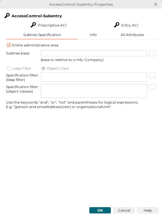 Check the Entire administrative area check-box or specify the Subtree base. You can specify a specification filter with object classes and the keywords and