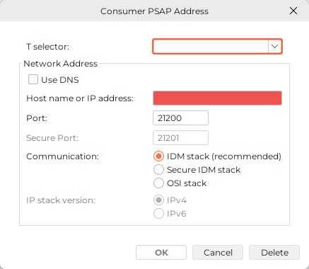 Specify the PSAP Address of the Consumer DSA with T selector and Network Address. Press the OK button in the bottom line to save the settings