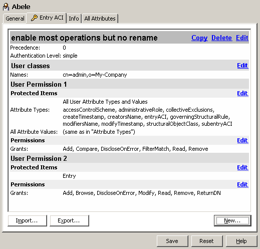 Abele’s entry ACI enables most operations but no rename. Press the Import button below the entry ACI values to import enty ACI values