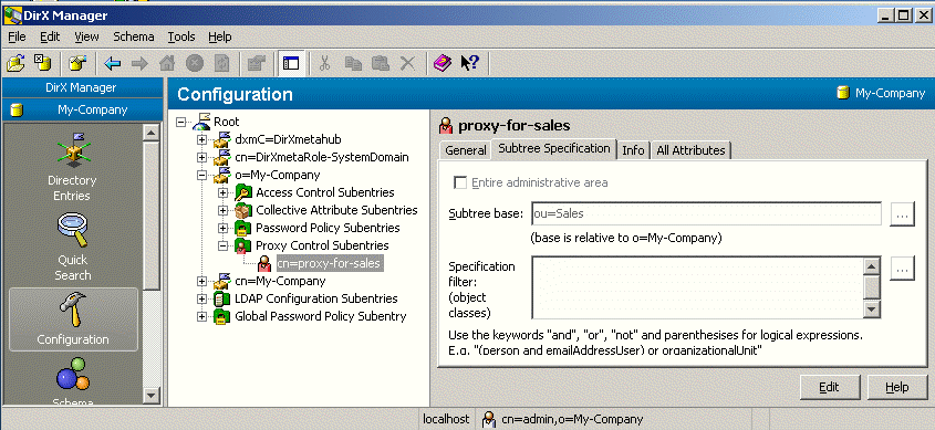 Illustrates how the permission of the proxyAuthorization Control can be restricted. The Subtree Specification Tab displays the subtree base value ou=Sales.